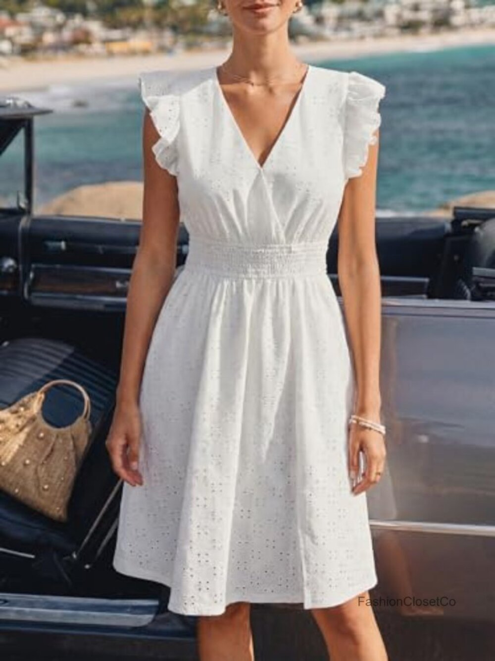 Lace Eyelet Midi Dress Smocked Waist Flutter Sleeve V Neck Flowy A Line Sundress - Picture 4 of 7